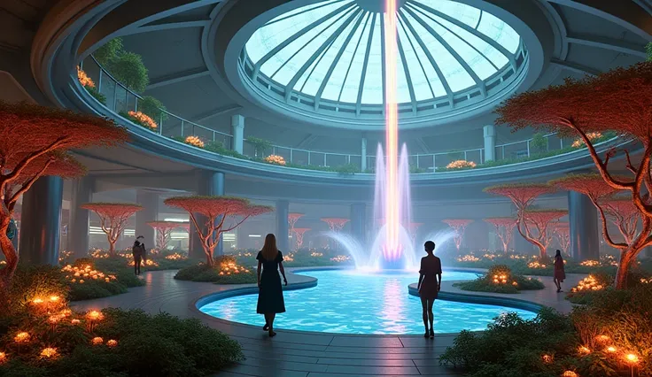 "An expansive, retro-futuristic indoor garden aboard a massive mother ship, filled with glowing alien plants under a glass dome. The garden has soft ambient light, with paths winding between bioluminescent flowers and trees. In the center, a fountain with ...