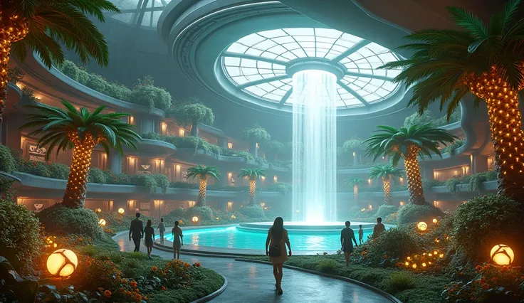 "An expansive, retro-futuristic indoor garden aboard a massive mother ship, filled with glowing alien plants under a glass dome. The garden has soft ambient light, with paths winding between bioluminescent flowers and trees. In the center, a fountain with ...