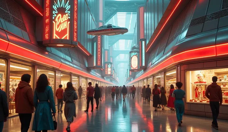 "A retrofuturistic shopping district inside a massive space station. Shiny storefronts with curved architecture, bold vintage neon signs, and floating holographic displays line the street. Shoppers, including tourists and astronauts, browse high-tech gadge...