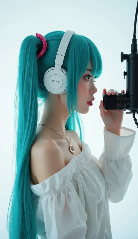 live-action、Real、RAW Photos、Blue green hair、Adorable,Small eyes、SONT studio microphone on a microphone stand、Breath-proof filter、Sony white headphones,Twin tails、Adjusting the position of the headphones、Hatsune Miku，Upper Body、profile、Unity 8K Wallpaper，Pu...