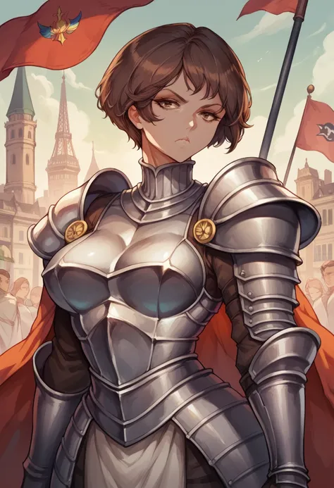 Mature woman, perfect eyes, short brown hair, channel hairstyle, bangs down, brown eyes, breasts, serious woman, beautiful body, serious face, silver woman armor, florette sword, french flag, woman knight, in paris city, imposing, masterpiece, high quality...