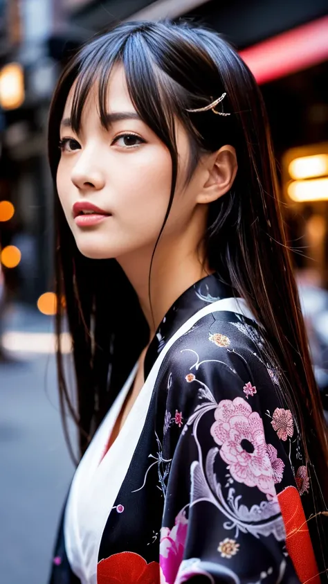 Beautiful Japanese supermodel woman, A lock of hair with slight highlights, black eyes, Sexy，street background，Gorgeous kimono , Liquid color flows across her face, Shooting against the light，Perfect facial lighting，mixed media