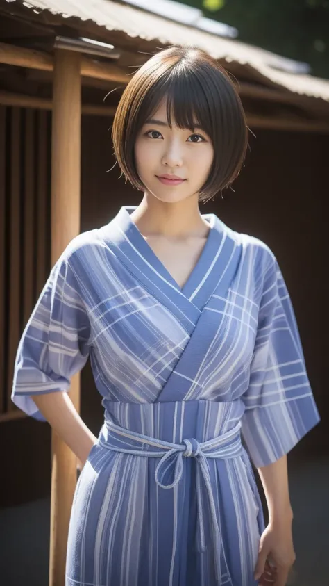 Cute Japan woman in short cut wearing yukata at summer festival,Photorealsitic, highcontrast, 8K HD, detaileds, realistic skin textures, top-quality, 超A high resolution, Raw photo, Dramatic Lighting, unrealengine, Short-cut hairstyles,Beautiful girl model,...