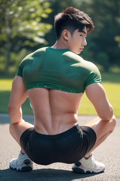 arafed asian man in green shirt and black shorts,korean muscle boy 2 , handsome chad chin, korean man, asian man, sporty body ty...