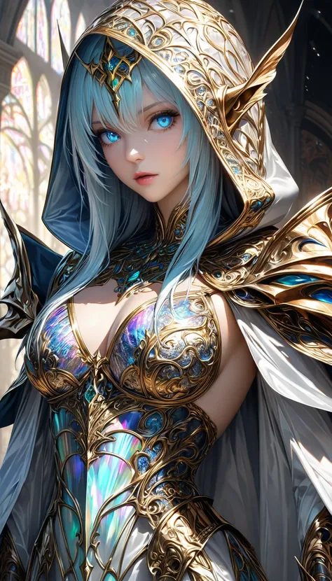 sputtering techniques, great illustrations, cool beauty elven holy knights, gold-plated and jewel-studded holy swords, light blue glossy silky hair, captivating beautiful eyes, perfect proportions, wearing Northern Renaissance style hooded mantle lace robe...