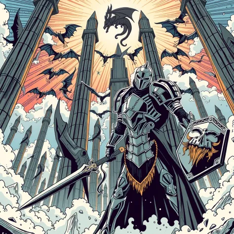 knight, paladin, emerging from darkness, abyss void absence of light,  no light source, wearing deathmetal suit of metalocalypse armor,  hand drawn, surreal, abstract, decompressed comic, splash page, wielding shield and sword, in front of towering imposib...