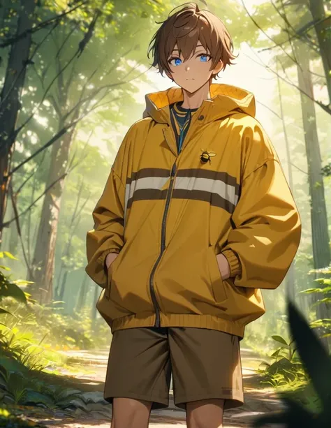 1Boy,  Boy, Brown hair, Blue eyes, Bee jacket, (yellow sweater with brown stripes) brown shorts, forest background,  (best quality,4K,high resolution,masterpiece:1.2),super detailed, bright colors, cinematic
