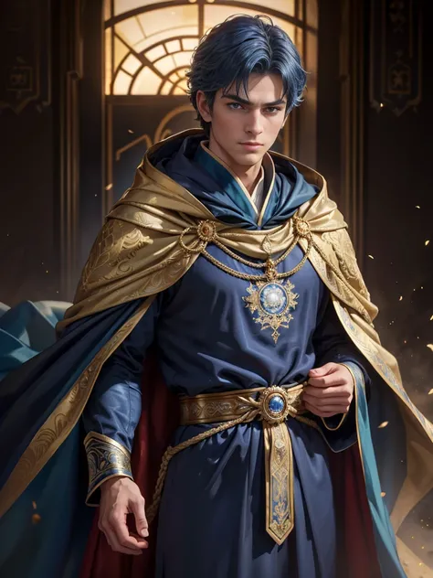 Crispus, eldest son of Roman Emperor Constantine the Great。Reincarnation。Close-up of a person wearing a rope and a cloak, Fantasyなフォーマルな服装を着ている, Beautiful Prince, ((Wearing imperial robes)), A delicate and passionate prince, Royal dark blue clothing, Navy ...