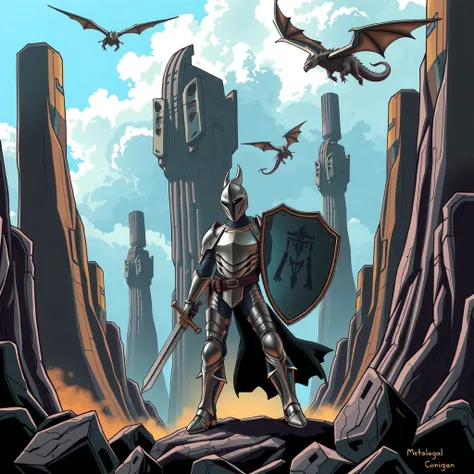 knight, paladin, emerging from darkness, abyss void absence of light,  no light source, wearing deathmetal suit of metalocalypse armor,  hand drawn, surreal, abstract, decompressed comic, splash page, wielding shield and sword, in front of towering imposib...