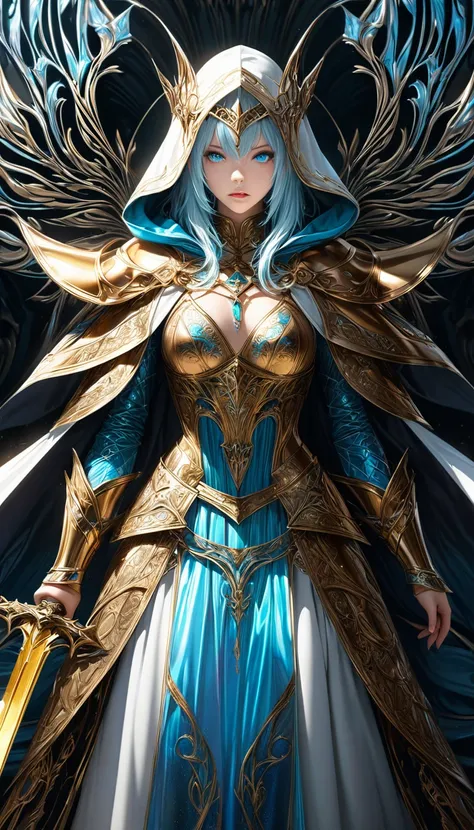 sputtering techniques, great illustrations, cool beauty elven holy knights, (big gold-plated and jewel-studded holy swords), light blue glossy silky hair, captivating beautiful eyes, perfect proportions, wearing Northern Renaissance style hooded mantle lac...