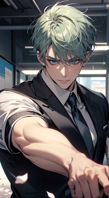 a mature attractive man with a penetrating gaze, short gray-green hair, and blue eyes, wearing a business suit in a cinematic office setting, with sakura petals in his hair, (best quality,4k,8k,highres,masterpiece:1.2),ultra-detailed,(realistic,photorealis...