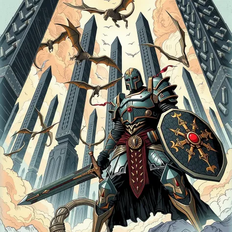 knight, paladin, emerging from darkness, abyss void absence of light,  no light source, wearing deathmetal suit of metalocalypse armor,  hand drawn, surreal, abstract, decompressed comic, splash page, wielding shield and sword, in front of towering imposib...