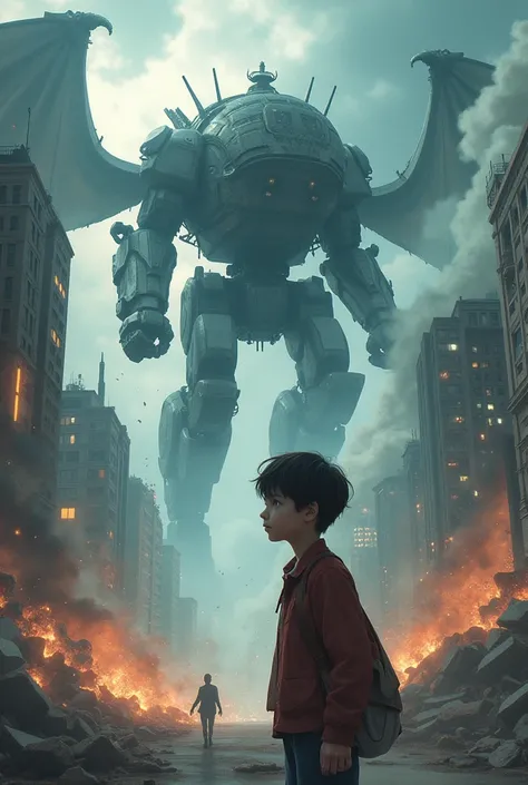 A dynamic scene where a mechanical dragon and a giant robot are destroying a city, with skyscrapers crumbling and smoke rising into the air. In the sky above, a ghostly ship floats ominously. In the foreground, there is a cut-in of a young boy with a deter...