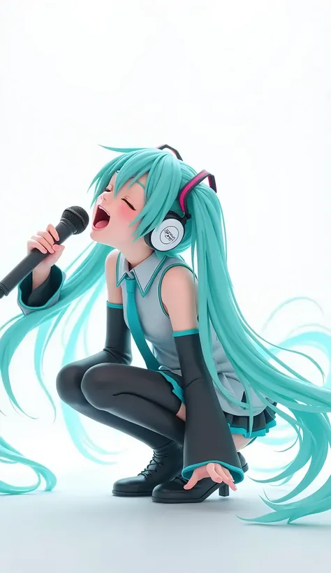 live-action、Real、RAW Photos、Blue green hair、Adorable,Small eyes、SONT square studio microphone、Sony white headphones,Twin tails、Hold the microphone, squat down, raise your mouth wide and sing、Violently swaying hair、Hatsune Miku，Upper Body、profile、Unity 8K W...