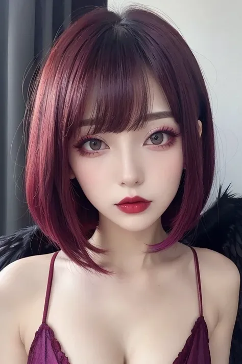 Best Quality　Close distance　Fallen Angel　Very beautiful woman　Red Makeup　Bangs Hairpin　Purple hair color　Perm Medium Hair　Glamorous Body　Sexy Black Gothic