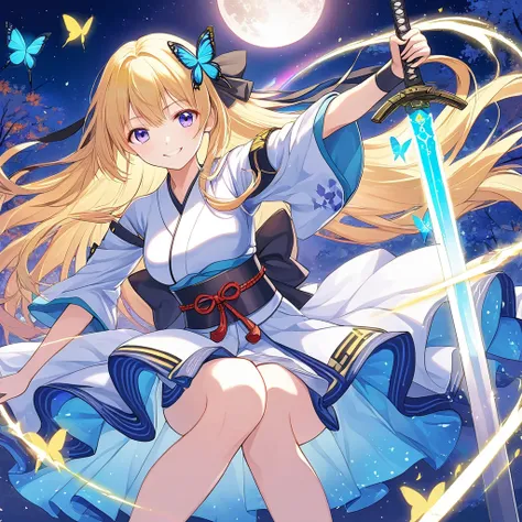 ((high resolution　yellow hair　long hair　goddess of victory　one person　lonely　smile))　((blue butterfly　night　japanese style　old　s...