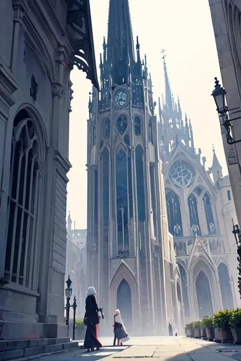 Absolutely no one　outdoor　The exterior of the cathedral seen from a distance　門の外から見えるOctagonの聖堂　A modern concrete skyscraper with an oppressive feel　Middle Eastern and Gothic　Octagon　Eight Walls　White as the base color　Flower motif　Spire　8th floor　Solemn a...