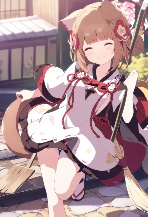 masterpiece、、shrine maiden costume、shrine、cat ears and tail、cute single tusk、very small breasts、brown hair、an innocent smile、fun...