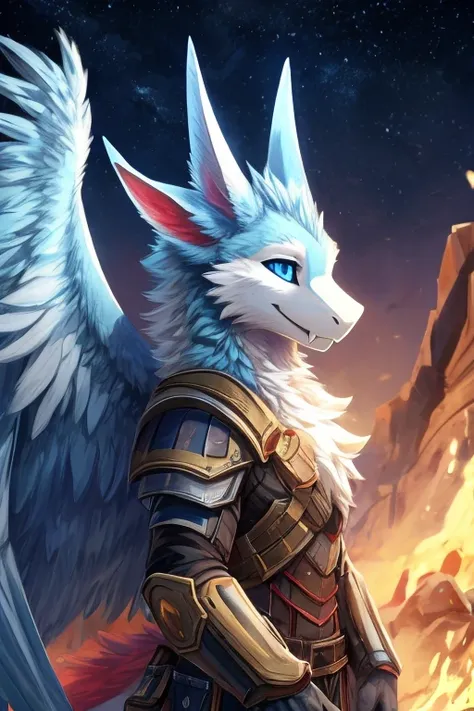 furry art, feral, furred dragon, female, white and blue fur, wings, big ears, four ears, multiple ears, horns, tail, chest fluff, paws, fangs, stubby muzzle, happy, blind, faded eyes, faded blue eyes, white pupils, staring off into space, anthro, wearing a...