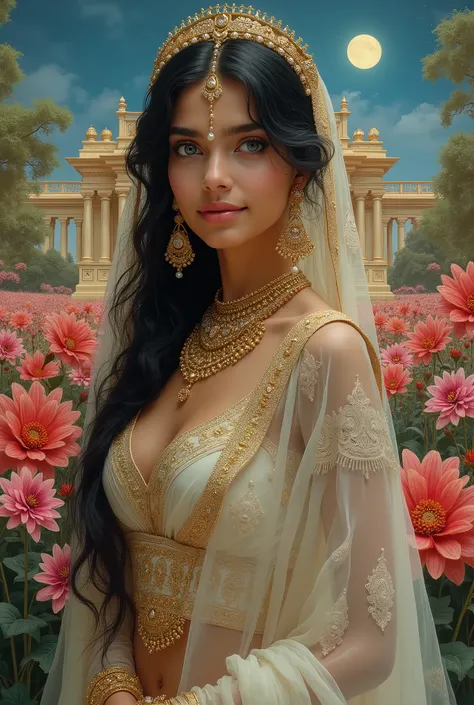 Create a super detailed, intricate, surreal raja ravi varma style full body of an extremely beautiful, extremely charming young Indian woman with a transparent white mixed printed sari, wide open mysterious blue eyes and brilliant dahlia flowers, fully wea...