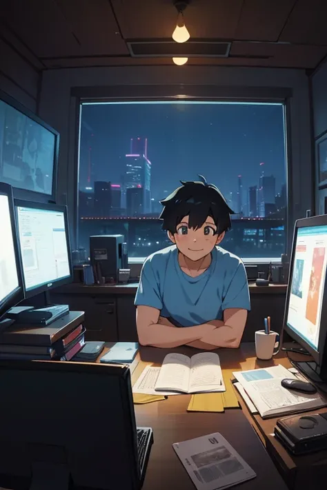 chubby happy man around 30 years old male character, anime, . Create a high resolution artwork of lo-fi hip hop, anime boy is watching videos at a computer, artist, by makoto shinkai and ghibli studio, outlined silhouettes, dramatic lighting, highly detail...