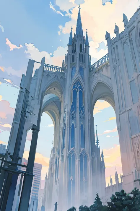 absolutely「unmanned」　outdoor　Landscape only　The exterior of the cathedral seen from a distance　門の外から見えるOctagonの聖堂　A modern concrete skyscraper with an oppressive feel　Middle Eastern and Gothic　Octagon　Eight Walls　White as the base color　Flower motif　Spire　...