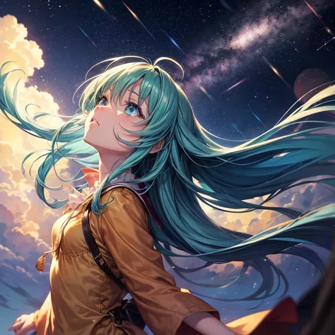 Anime Girls, High resolution, Look up at the sky, sad, Shooting Star, A look of admiration, Long Hair, Blue and gold eyes