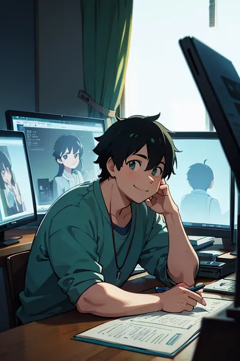 chubby happy man around 30 years old male character, with veard, anime, . Create a high resolution artwork of lo-fi hip hop, anime boy is watching videos at a computer, artist, by makoto shinkai and ghibli studio, outlined silhouettes, dramatic lighting, h...