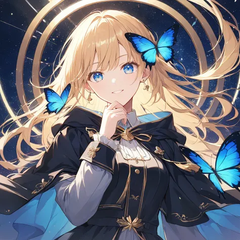 Anime Style,A woman with a sword,Yellow Hair,Long Hair,Blowing in the Wind,blue eyes,Shining Eyes,Shining Eyesのハイライト 白いドレスの衣装,Wear a black cloak,Blue butterfly fluttering,Aristocratic atmosphere,The sword shines yellow,Very dazzling,Illuminating the World,...