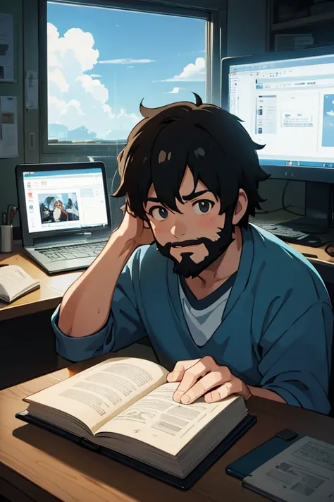 chubby happy man around 30 years old male character, man with beard and round face
, anime, . Create a high resolution artwork of lo-fi hip hop, anime boy is watching videos at a computer, artist, by makoto shinkai and ghibli studio, outlined silhouettes, ...