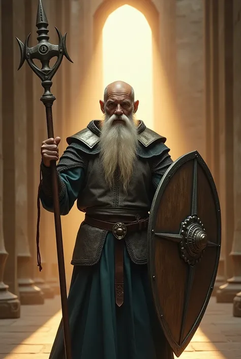 Holy Knight、Bald, bearded old man、temple、Movie Pose、Morning Star、Big Shield、Surrealism, UHD, masterpiece, accurate, anatomically correct, textured skin, super detail, high details, high quality, award winning, best quality, highres, HD