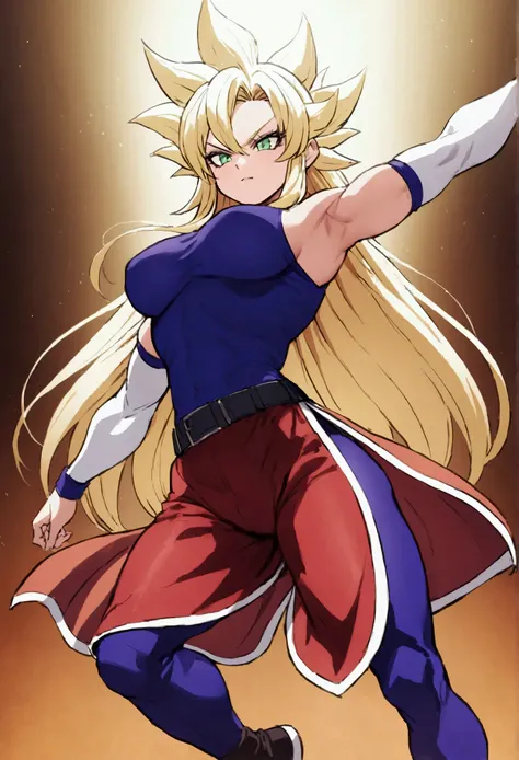 The female Goku sports a skin-tight outfit that blends functionality with style. Her top is a fitted orange gi, cinched at the waist, showcasing her athletic build and toned arms. The iconic blue undershirt peeks out, while the sleeves are short, allowing ...