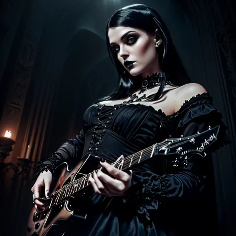 a close up of a woman holding a guitar in a dark room, gothic horror vibes, gothic aesthetic, gothic style, gothic girl, gothic art style, goth girl aesthetic, very beautiful goth top model, artstyle tom bagshaw, goth girl, an elegant gothic princess, goth...