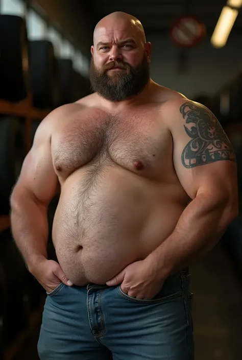 8K HDR Very realistic and detailed full body photo of a handsome, tough man, bearded and rugged, burly muscular bald chubby beefy strong dad body gay man, very realistic shirtless wearing pants, very realistic face, very realistic eyes, very realistic thic...