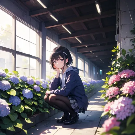 Pastel tones、((Amazingly absurd)),(masterpiece:1.2),超High resolution, Attention to detail, high quality, High resolution, 最high quality, 4K, 8k、Crouching woman,I have hydrangeas,Blue and purple hydrangea,Proper Blur,Emphasise the female,despair,Black Eyes,...