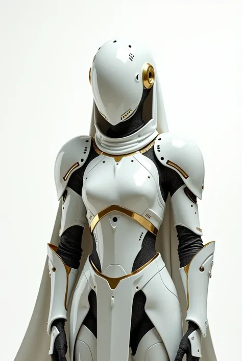 Woman in robotic armor, Holy Knight, The image color is white., The design is based on the armor of medieval European knights., The overall shape is feminine, The face is protected by a mask, Machines can be seen through the gaps in the armor., The white b...