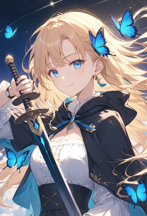 Anime Style,A woman with a sword,The woman holds a sword in front of her body.,Yellow Hair,Long Hair,Blowing in the Wind,blue eyes,Shining Eyes,Shining Eyesのハイライト ドレスの衣装,Wear a black cloak,Blue butterfly fluttering,Aristocratic atmosphere,A dazzling sword ...