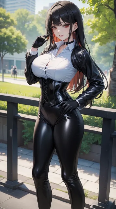 8K, highres, Ultra detailed, (Masterpiece:1.4), The best quality, symmetrical body, standing, pose sexy, front view, choker:1.6, (White collar button-down shirt with white long sleeves), Black gloves, gloves that cover the hands, (black leather corset), (B...