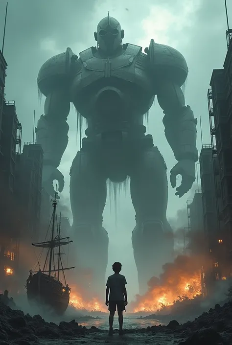 A dramatic movie-poster-style image where a tattered ghostly pirate ship is floating high in the sky above a dark, stormy city. In the center bottom, a determined young boy is facing up toward a massive humanoid robot and a terrifying mechanical dragon. Th...