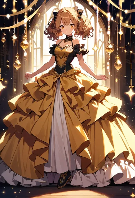  1girl, Flaxen curly hair, golden brown eyes, flowing layered ballgown, full body, fairy light