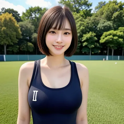 (kawaii 24 year-old Japanese girl, Nogizaka idol, Korean idol, track and field player), healthy female athlete body, (glossy brown hair, very short hair, pixie cut, bangs:1.3), (rounded face, beautiful black eyes, single eyelid, no makeup:1.2), (feel at ho...