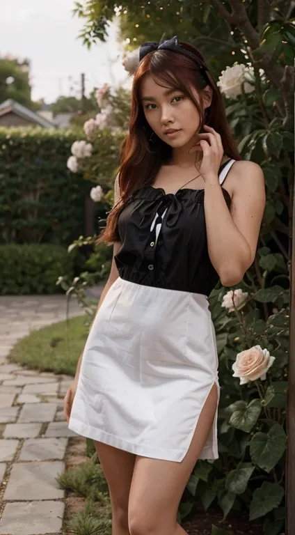 2teenage girl, mongoloid, asian, dark_skin, red hair, random Tied hair with ribbon her hair  , beautiful girl in nature,full body,wearing  black mix white stripe dress with raffle , standing in the garden , she was watering the flowers rose ,realistic and ...