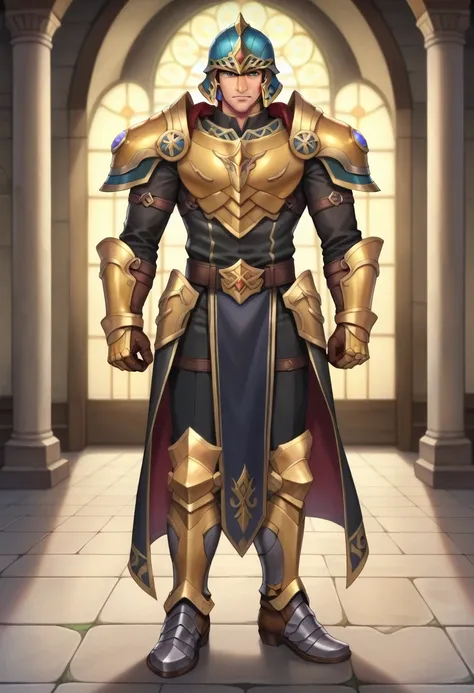 score_9, score_8_up, score_7_up, score_6_up, BREAK source_anime, fullbody shot, 1boy, solo, male mature, looking at viewer, great paladin, (complete amor), (golden armor, black armor:1.2), gauntlets, helmet, shoulder pads, metal boots, intricate details, B...