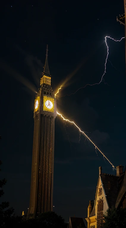 A large yellow lightning bolt in the night sky striking the tower 