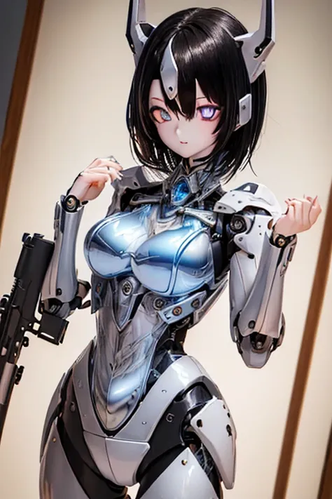 (SFW:2), photorealistic, realistic photo, 8k, ((highest quality)), ((masterpiece)), (extremely detailed), kukolnydom, doll, mecha musume, mechanical parts, robot joints, head gear, (cowboy shot, mature woman, 21yo, 21_years_old, solo:1.6), (holding gun, ru...