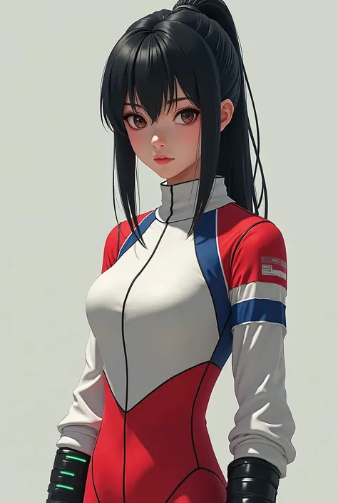 girl, teenager, straight black tied hair, Asian, wearing a red and white fencing-like outfit with blue stripes, simple attire, No technology, with matte black metal gloves on the hands with green light details, athletic, serious face