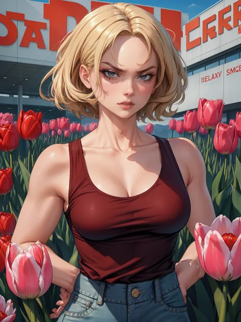 a woman, 40 years old, with short blond hair, hair on shoulders, wearing a red tank top, small breasts and jeans, brown eyes, wife of preacher, tulip ohare, toon aesthetic, wearing red lipstick, look like tulip ohare (comics) (preacher) (vertigo), smoking,...