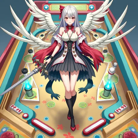  Cartoon picture of ai interactive app on pinball game Anime-style image of a woman holding a sword and wings, from Ark Night, From Azur Lane Games, azure lane style, Pixel art by artist kirokaze, guweiz on artstation pixiv, Ark Night, guweiz on pixiv arts...