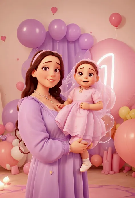 arafa woman holding a baby in a purple dress in front of an arch of pink and white balloons, Violeta Myers, edited, scrambling of the lovers, Alanis Guilherme, John shouted, 1614572159, curious, purple themed, portrait photo, happy birthday, Kailee Mandel,...