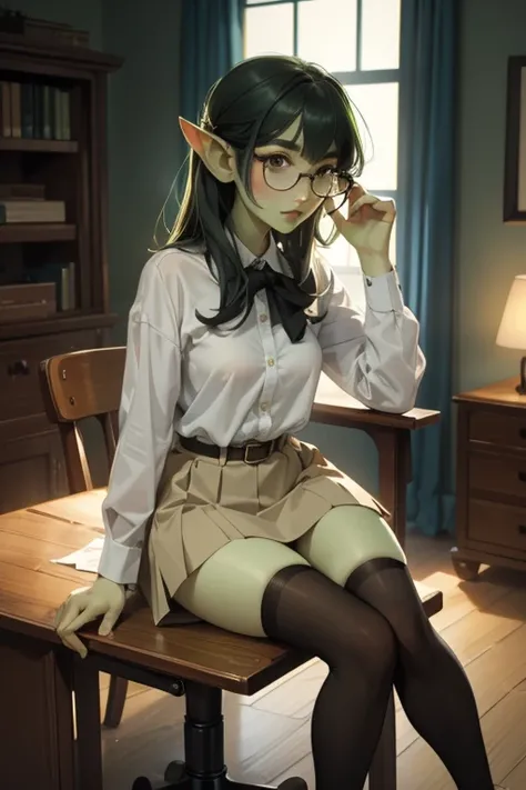 ((best quality)), ((masterpiece)), (detailed), perfect face,  3 feet tall wearing a white button down shirt and black skirt, green skin, pointed ears, wearing black thigh high socks, and black shoes, very shy, sitting in an office chair, dark room with sim...